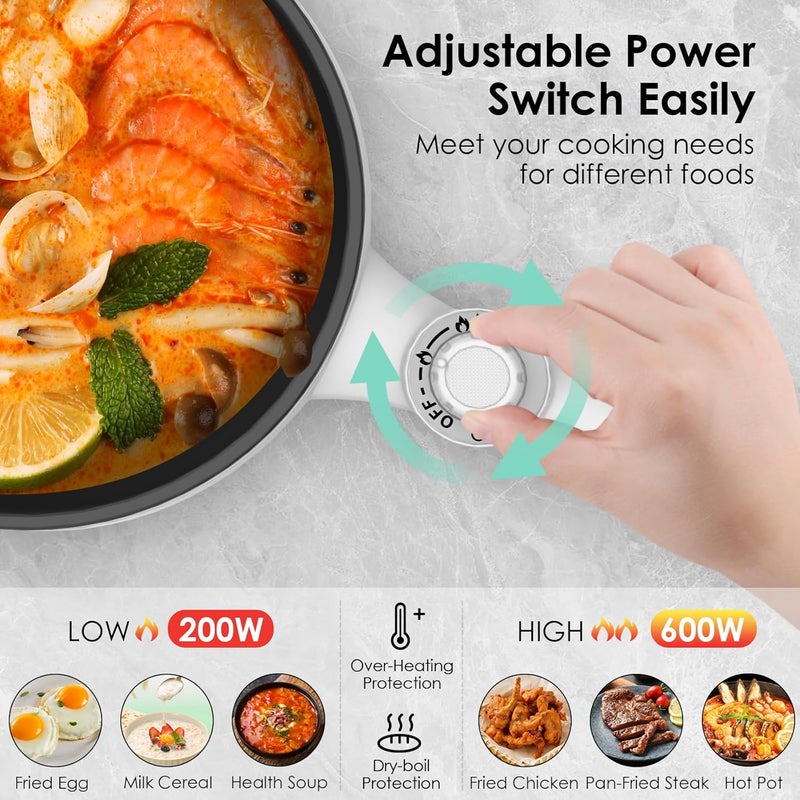 Audecook Hot Pot Electric, 1.7L Mini Electric Skillet Portable Nonstick Sauté Pan with Power Adjustment, Ramen Cooker Travel Multicooker for Steak/Soup/Egg/Oatmeal/Noodles (Tongs for Cooking Included) - Image 3